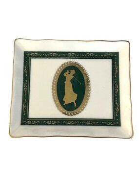 Papel Freelance Bone China Trinket Dish Golfer Green Gold Accent Thailand Vintag